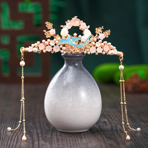 Women girls hanfu fairy dress pearl tassel crown hair accessories Ming-made top hairpin ancient costume headdress fairy ancient style jewelry